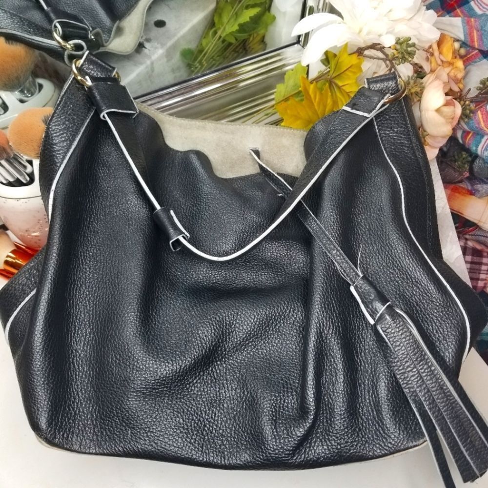 Vittoria Napoli Black Genuine Leather Weighted Fringe Tassel Closure Tote